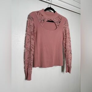 Absolutely Famous Lace Sleeve Cutout Mock Neck Sweater Top Pink – Size L